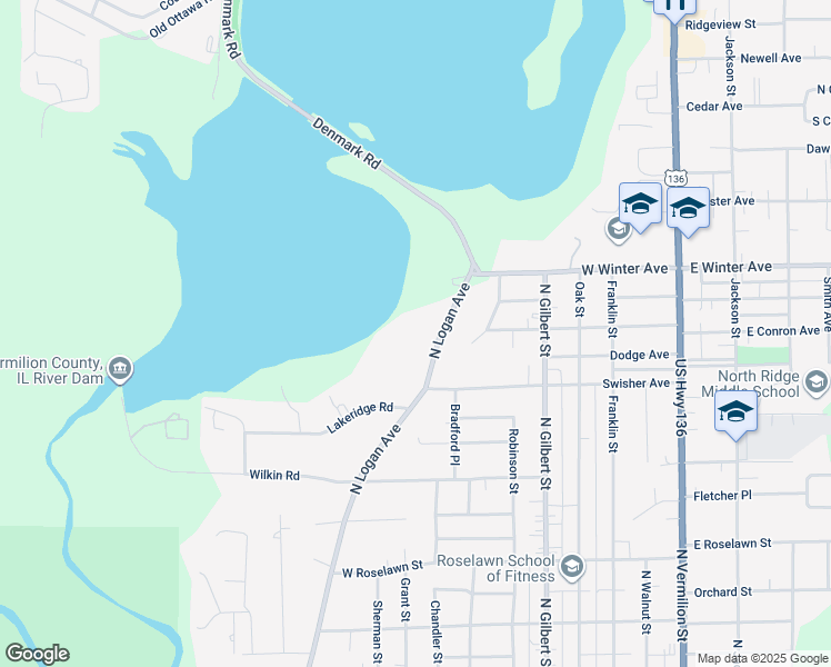 map of restaurants, bars, coffee shops, grocery stores, and more near 2002 North Logan Avenue in Danville