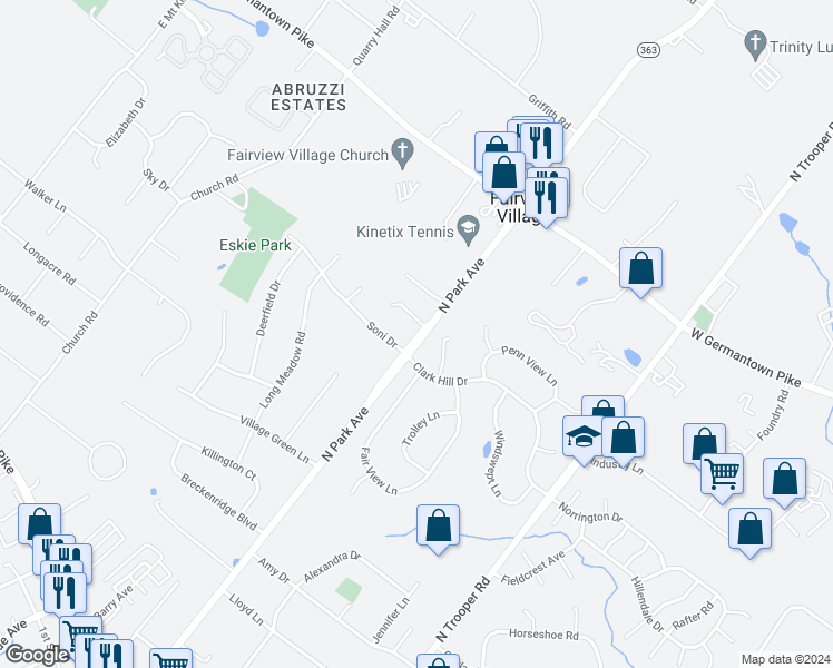 map of restaurants, bars, coffee shops, grocery stores, and more near 801 North Park Avenue in Trooper