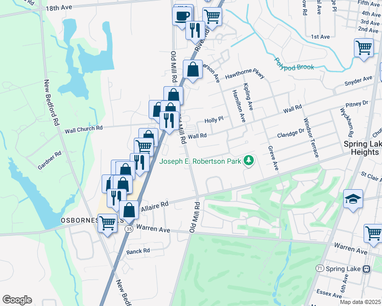 map of restaurants, bars, coffee shops, grocery stores, and more near 2206 Old Mill Road in Spring Lake