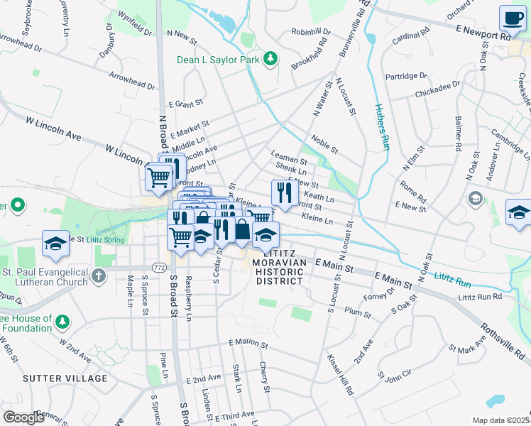 map of restaurants, bars, coffee shops, grocery stores, and more near 40 N Water St in Lititz