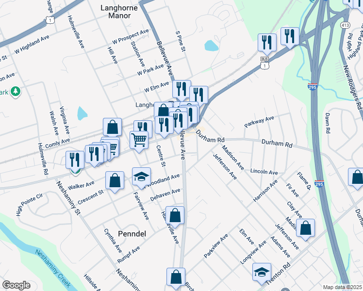 map of restaurants, bars, coffee shops, grocery stores, and more near 160 Bellevue Avenue in Penndel