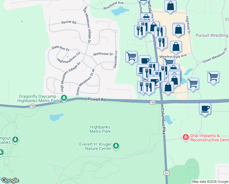 map of restaurants, bars, coffee shops, grocery stores, and more near 421 Heather Lane in Powell