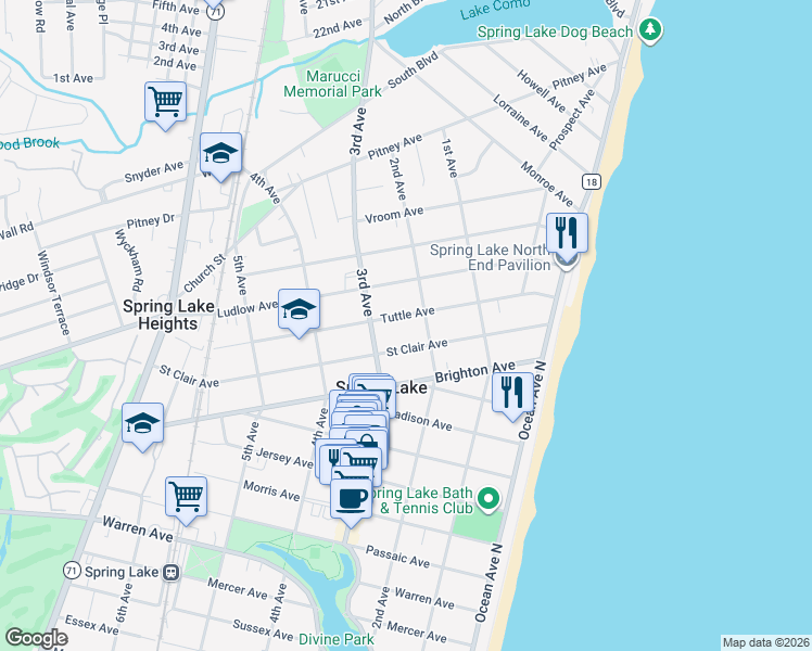 map of restaurants, bars, coffee shops, grocery stores, and more near 209 Tuttle Avenue in Spring Lake