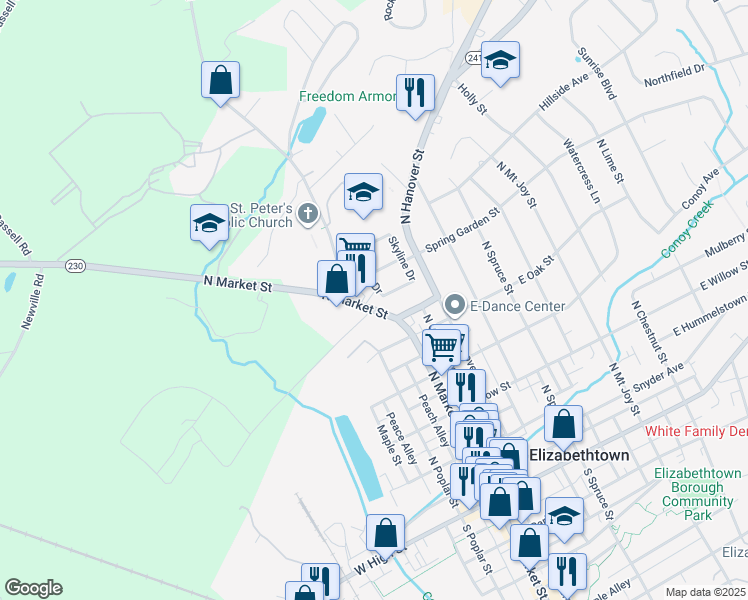 map of restaurants, bars, coffee shops, grocery stores, and more near 505 North Market Street in Elizabethtown