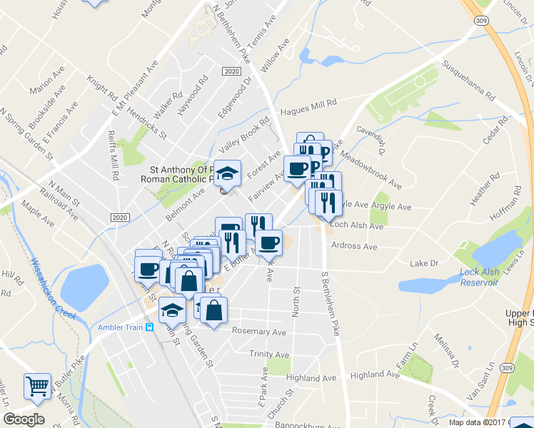 map of restaurants, bars, coffee shops, grocery stores, and more near 19 Hendricks St in Ambler