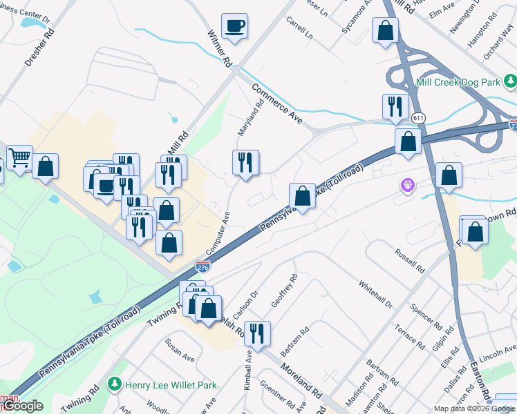 map of restaurants, bars, coffee shops, grocery stores, and more near 2405 Maryland Road in Willow Grove