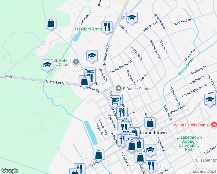 map of restaurants, bars, coffee shops, grocery stores, and more near 35 Linden Avenue in Elizabethtown