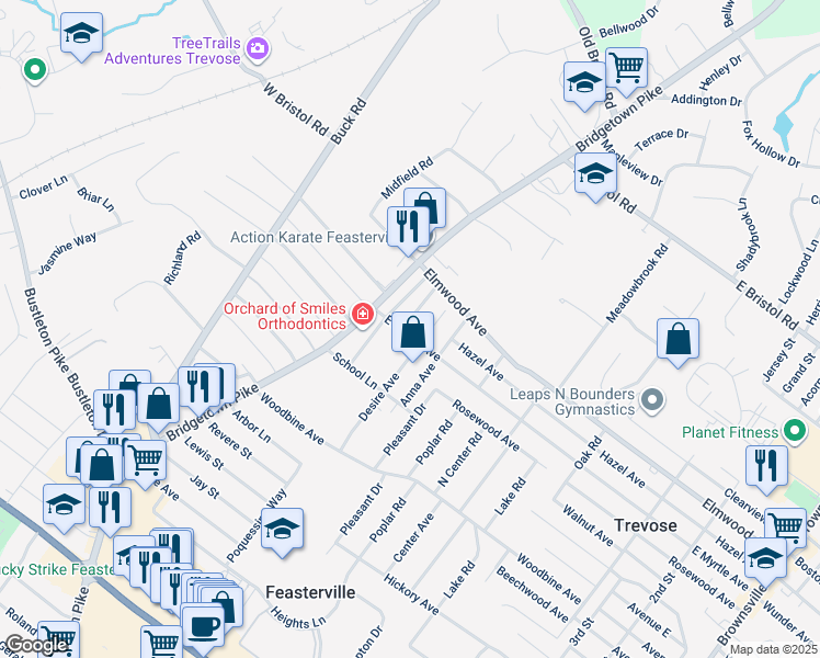 map of restaurants, bars, coffee shops, grocery stores, and more near 28 East Myrtle Avenue in Feasterville