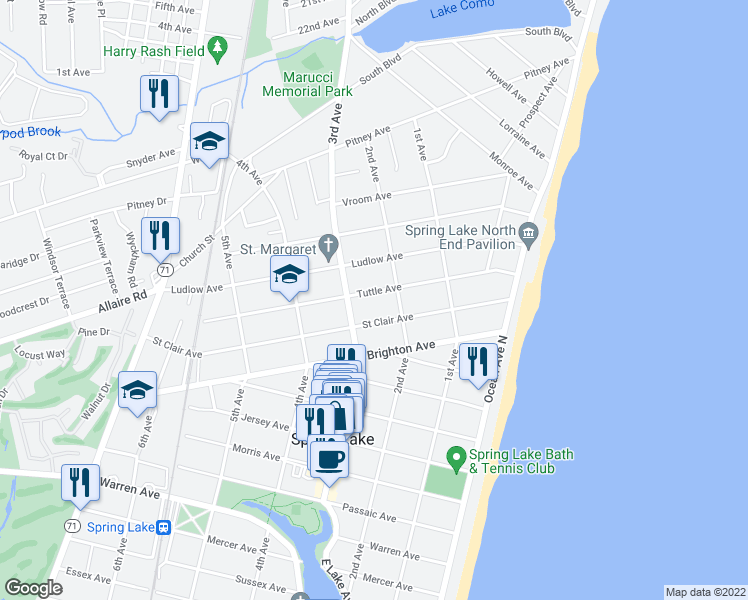 map of restaurants, bars, coffee shops, grocery stores, and more near 209 Tuttle Avenue in Spring Lake