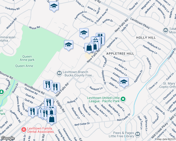 map of restaurants, bars, coffee shops, grocery stores, and more near 55 Rocky Pool Lane in Levittown