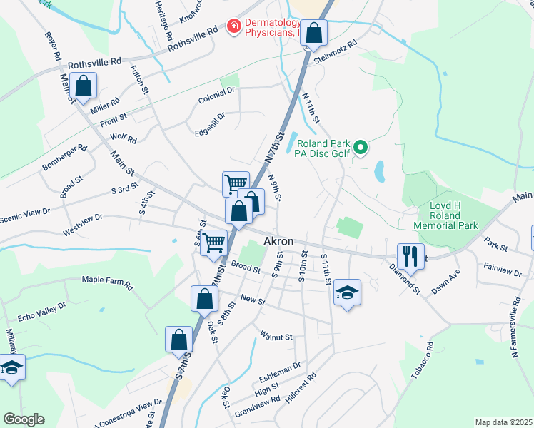 map of restaurants, bars, coffee shops, grocery stores, and more near 30 North 9th Street in Akron