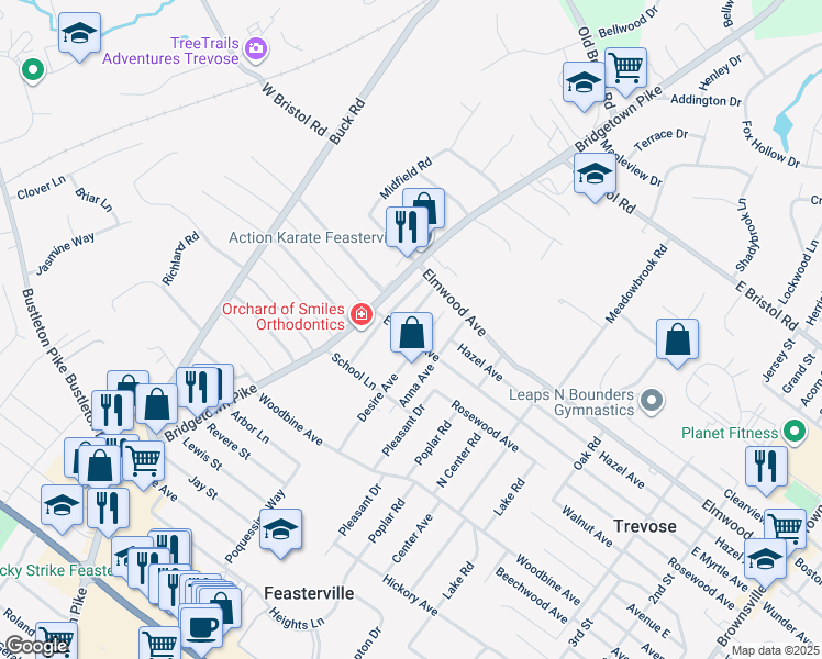 map of restaurants, bars, coffee shops, grocery stores, and more near 28 East Myrtle Avenue in Feasterville