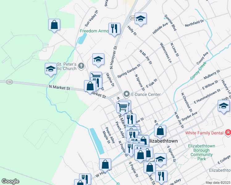 map of restaurants, bars, coffee shops, grocery stores, and more near 35 Linden Avenue in Elizabethtown