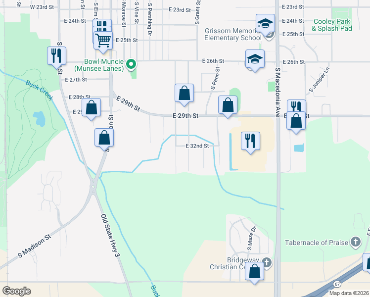 map of restaurants, bars, coffee shops, grocery stores, and more near 3900 South Ebright Street in Muncie