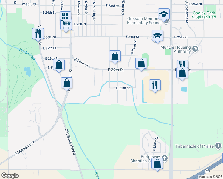 map of restaurants, bars, coffee shops, grocery stores, and more near 3900 South Ebright Street in Muncie