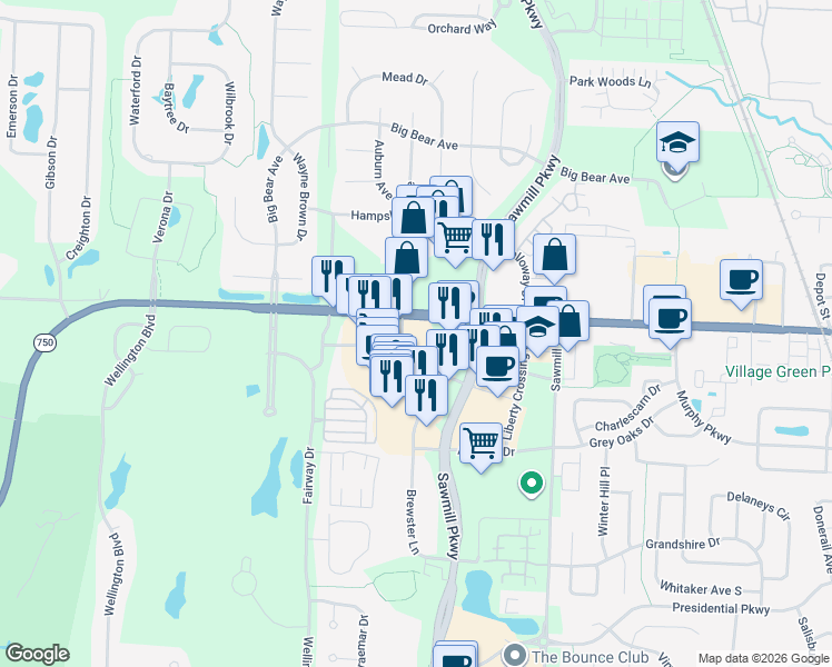 map of restaurants, bars, coffee shops, grocery stores, and more near 3949 West Powell Road in Powell