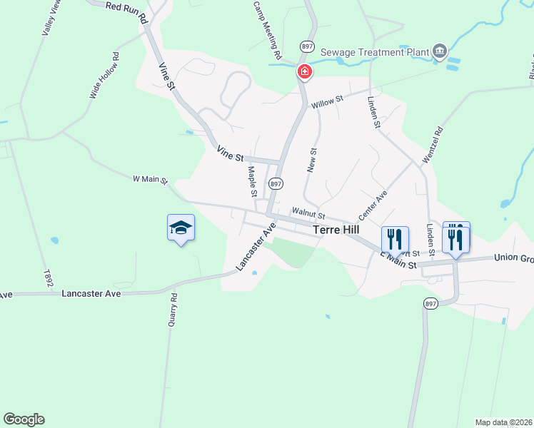 map of restaurants, bars, coffee shops, grocery stores, and more near Main Street in East Earl