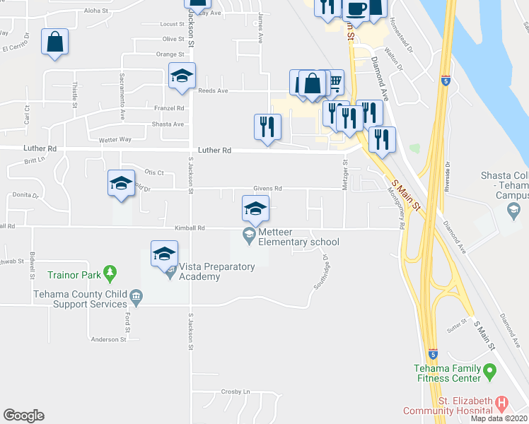 map of restaurants, bars, coffee shops, grocery stores, and more near 585 Hinkle Street in Red Bluff