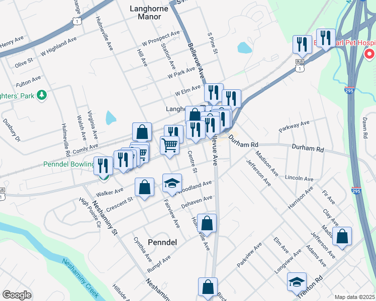 map of restaurants, bars, coffee shops, grocery stores, and more near 105 Lincoln Highway in Penndel