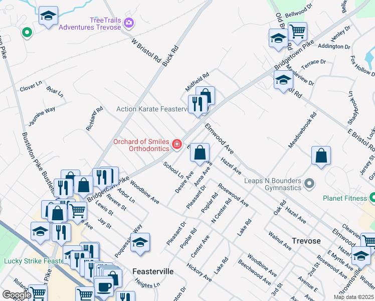 map of restaurants, bars, coffee shops, grocery stores, and more near 15 East Myrtle Avenue in Feasterville