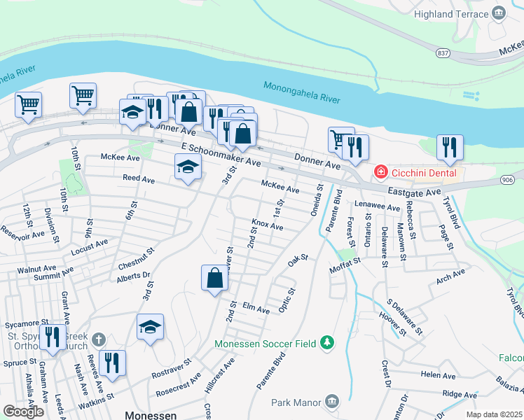 map of restaurants, bars, coffee shops, grocery stores, and more near 408 2nd Street in Monessen