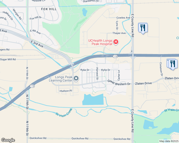 map of restaurants, bars, coffee shops, grocery stores, and more near 1539 Kylie Drive in Longmont