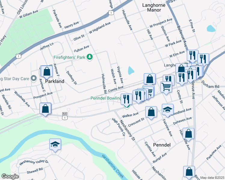map of restaurants, bars, coffee shops, grocery stores, and more near 663 Comly Avenue in Langhorne