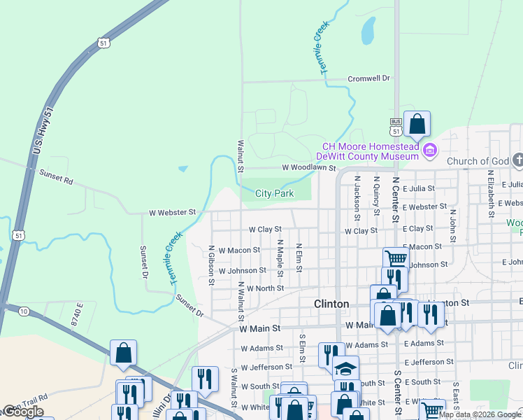 map of restaurants, bars, coffee shops, grocery stores, and more near 818 West Webster Street in Clinton