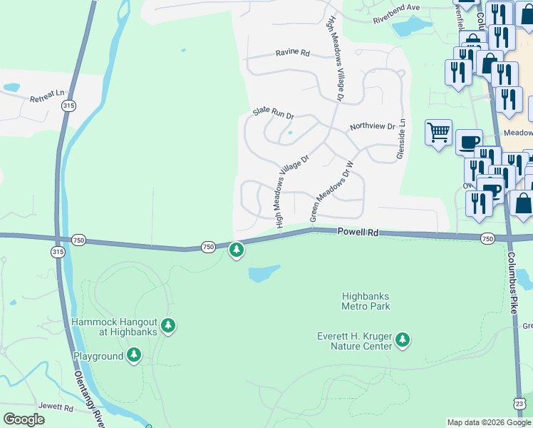 map of restaurants, bars, coffee shops, grocery stores, and more near 16 Ravine Ridge Drive South in Powell