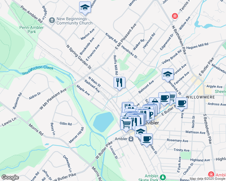 map of restaurants, bars, coffee shops, grocery stores, and more near 212 North Spring Garden Street in Ambler
