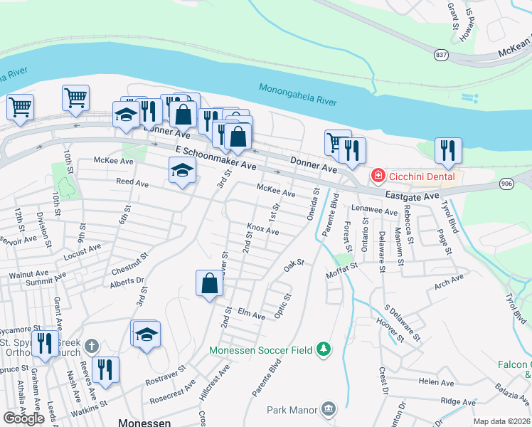 map of restaurants, bars, coffee shops, grocery stores, and more near 408 2nd Street in Monessen