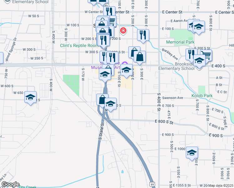 map of restaurants, bars, coffee shops, grocery stores, and more near 624 South 100 East in Springville
