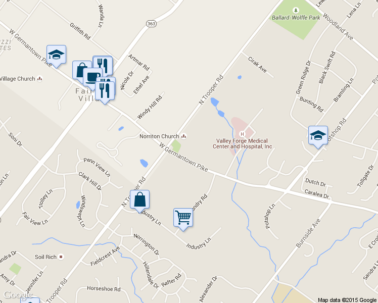 map of restaurants, bars, coffee shops, grocery stores, and more near 1055 West Germantown Pike in Eagleville