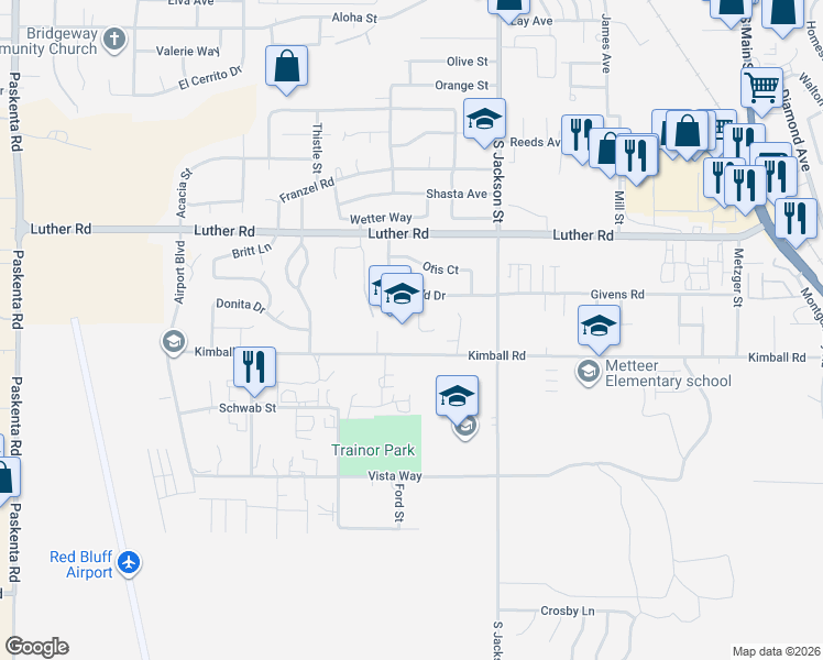 map of restaurants, bars, coffee shops, grocery stores, and more near 1334 Nelson Drive in Red Bluff