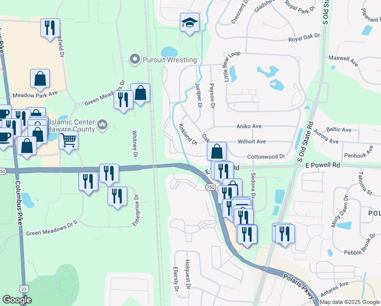 map of restaurants, bars, coffee shops, grocery stores, and more near 9005 Oak Village Boulevard in Lewis Center