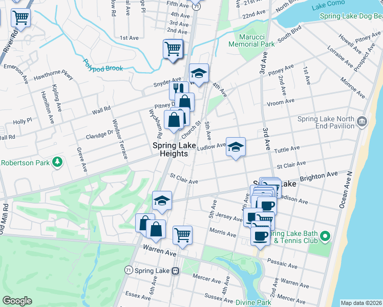 map of restaurants, bars, coffee shops, grocery stores, and more near 553 Ludlow Avenue in Spring Lake