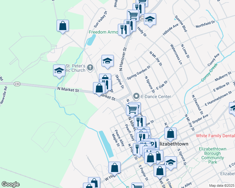 map of restaurants, bars, coffee shops, grocery stores, and more near 10 Laurel Avenue in Elizabethtown