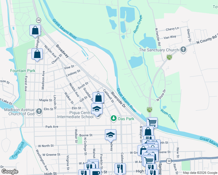 map of restaurants, bars, coffee shops, grocery stores, and more near 451 Riverside Drive in Piqua