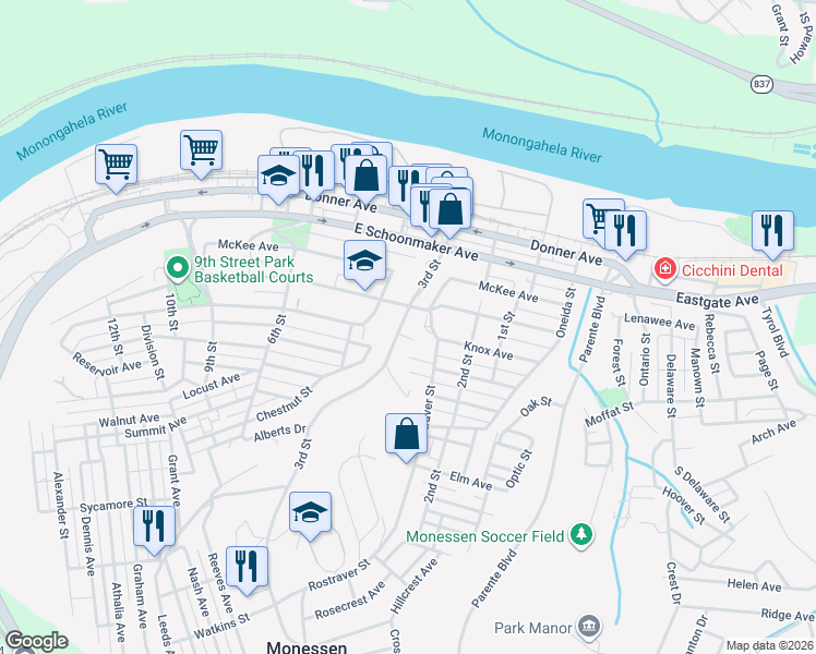 map of restaurants, bars, coffee shops, grocery stores, and more near 418 3rd Street in Monessen