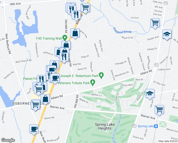 map of restaurants, bars, coffee shops, grocery stores, and more near 1204 Crosby Road in Spring Lake