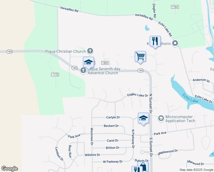 map of restaurants, bars, coffee shops, grocery stores, and more near 15 Golden Eagle Court in Piqua