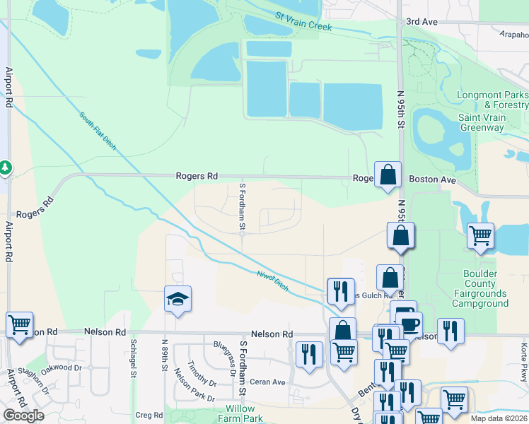 map of restaurants, bars, coffee shops, grocery stores, and more near 9144 Rogers Road in Longmont