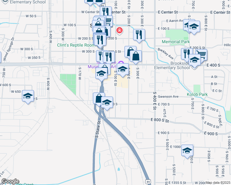 map of restaurants, bars, coffee shops, grocery stores, and more near 624 South 100 East in Springville