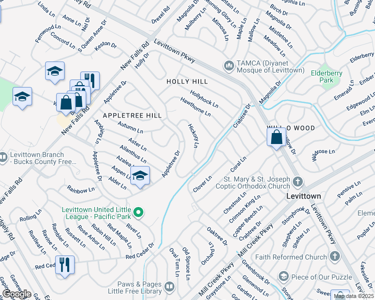 map of restaurants, bars, coffee shops, grocery stores, and more near 125 Holly Drive in Levittown