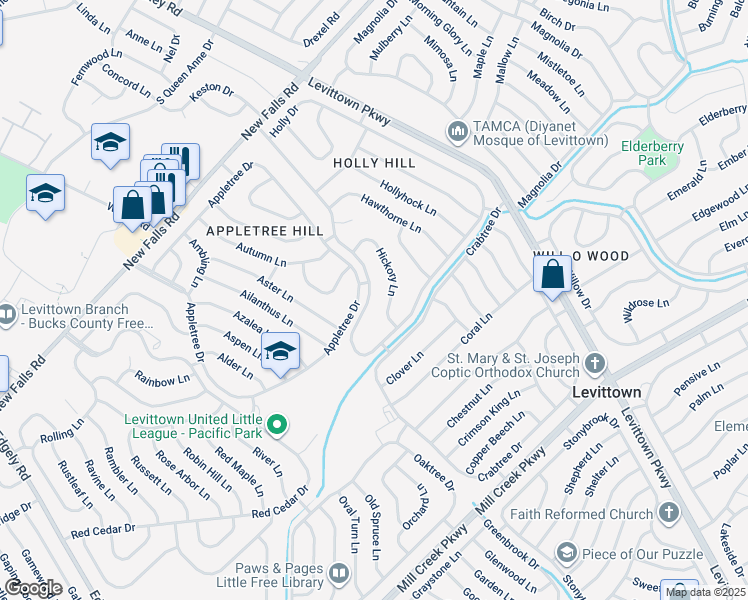 map of restaurants, bars, coffee shops, grocery stores, and more near 125 Holly Drive in Levittown