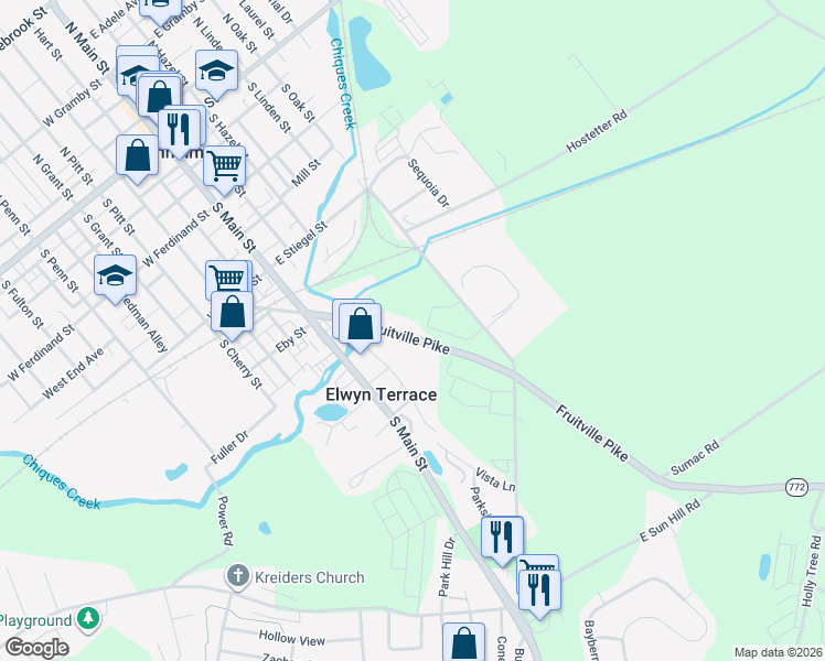 map of restaurants, bars, coffee shops, grocery stores, and more near 137 Fruitville Pike in Manheim