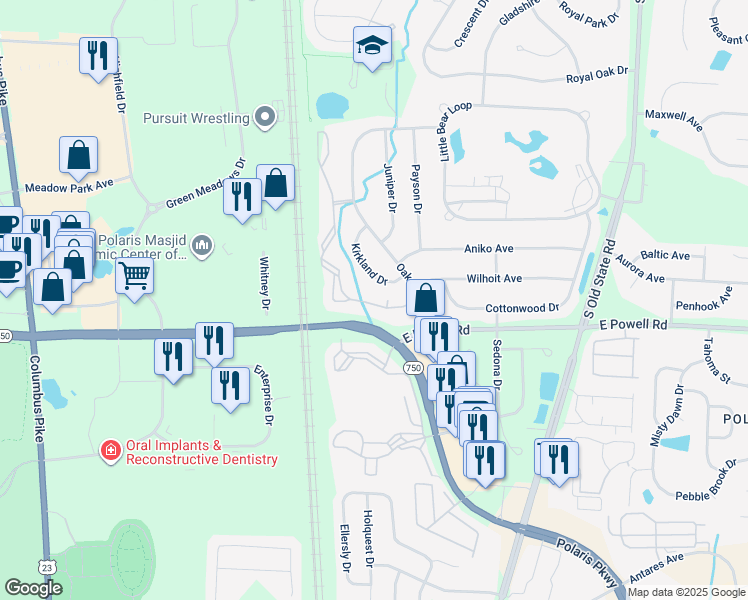 map of restaurants, bars, coffee shops, grocery stores, and more near 8953 Oak Village Boulevard in Lewis Center