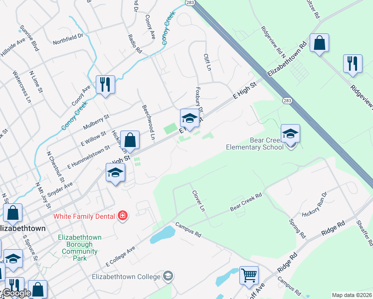 map of restaurants, bars, coffee shops, grocery stores, and more near 800 East High Street in Elizabethtown