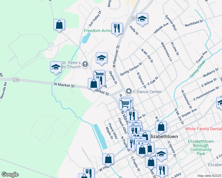 map of restaurants, bars, coffee shops, grocery stores, and more near 10 Laurel Avenue in Elizabethtown