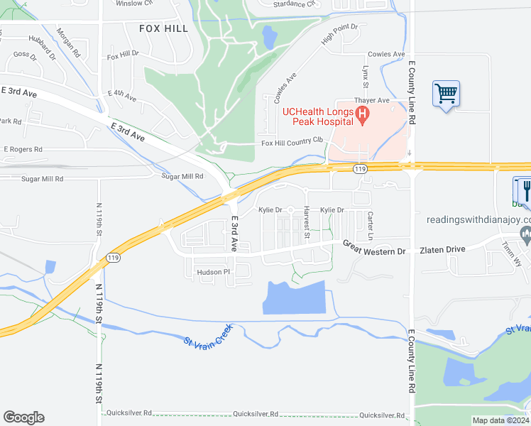 map of restaurants, bars, coffee shops, grocery stores, and more near 224 Sugarbin Court in Longmont